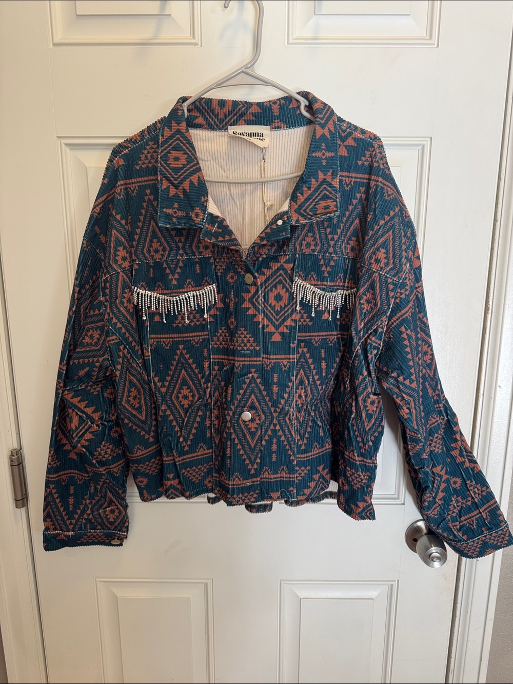 Savannah Jane Teal & Rust Aztec Fringe Jacket